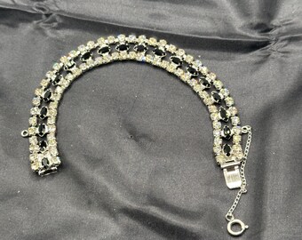 B. David Rhinestone Braclet, Clear and Black Rhinestones, Safety Chain, Slide Lock, 6.5” Long, .50” Wide