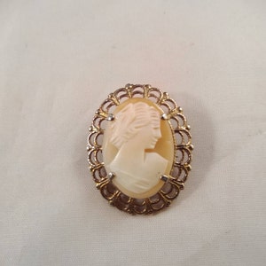 May include: A gold-toned cameo brooch with a white cameo of a woman's profile. The cameo is set in a delicate, ornate frame.
