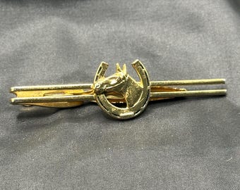 Hickok Gold Tone Tie Clip Featuring A Horseshoe with Black Enamel and a Horses Head, 2.75” x .75”
