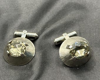 Destiny Sterling Silver Cuff Links with Smoky Rhinestone Center, With Brushed Silver Setting, Oval Shaped, Hinged,  .75” x 5/8”