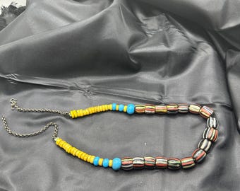 Antique African Trade Beads Neckace with Cotton String and Chain, Variety of Colors, 24” Long, Handmade Hook, Beautiful