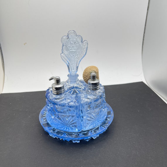 Four Piece Perfume Set, Blue Pressed Glass, Two At