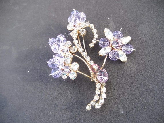 Floral Bouquet Brooch, Gold Tone Metal, Clear and… - image 1