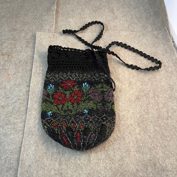 Glass Beaded Reticule Handbag, Red Flowers on a B… - image 1