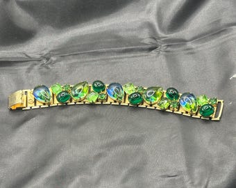 Gold Tone Link Bracelet with Large Art Glass, Cabochons and Rhinestones in a Blue Green Color, Teardrops, Squares, Round, 7” x  .75”