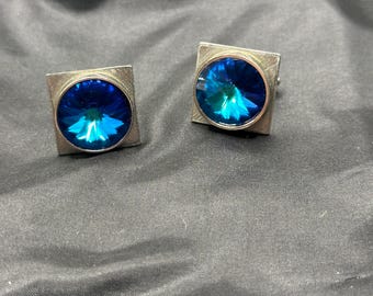 Dante Brushed Silver Tone Cuff Links with Deep Blue Rivoli Rhinestone, 1” Square, Stunning!