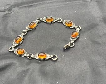 Sterling Silver Link Bracelet with Oval Baltic Amber Cabochons, 7” Long, 3/8” Wide, Lobster Claw Clasp, Excellent Condition