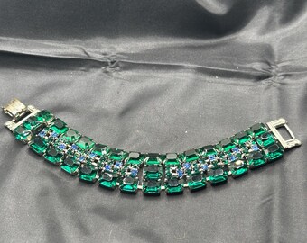 Stunning Juliana Rhinestone Bracelet, Emerald Green with Blue Rhinestones, Fold Over Clasp, 7.75” Long, 1” Wide, Excellet Condition