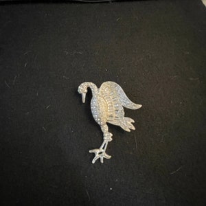 POT Metal Stork Brooch, Silver Tone with Clear Rhinestones, Sparkling, 3.25 by 1.75 Inches