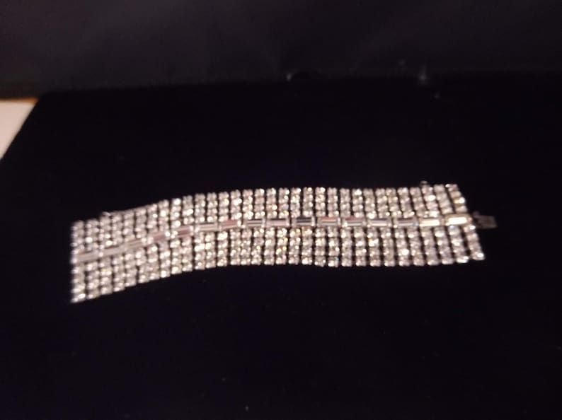 Brilliant Baguette and Round Rhinestones Safety Chain Slide Clasp Silver Tone Metal Wide Clear Rhinestone Bracelet