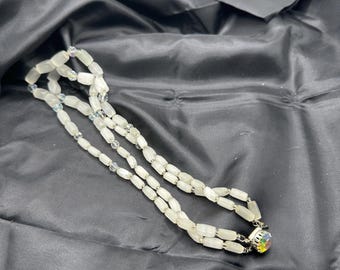 Two Strand Necklace with Faceted Barrel Opalescent Beads, Crystal Spacers and a Stunning AB Crystal Clasp, 20” Long