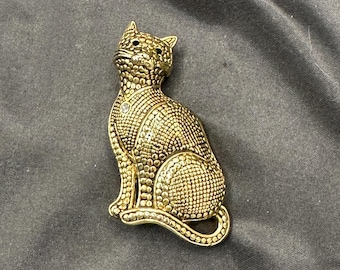 Bijoux Gold Tone Cat Brooch, Black Enamel, Rhinestone on Collar, 2 3/8” x 1  1/8”