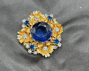 Stunning Shades of Blue Rhinestone Brooch, Made in Austria, Gold Tone Metal, Prong Set, 2” in Diameter