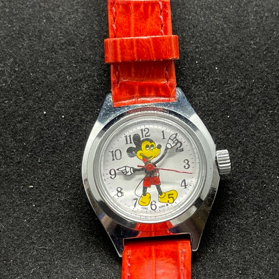 Mickey Mouse Mechanical Watch Made in Hong Kong Red Leather Strap Works Rare Watch Collectible Etsy UK