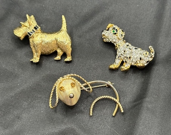 Set of 3 Excellent Dog Pins, Sparkling Rhinestone Dalmatian, Carolee Scottish Terrier and Winard 12K Gold Filled Modernist Dog