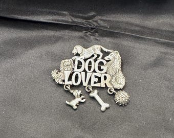 Dog Lover Brooch by JJ, Jonette Jewelry, Pewter with 3 Dangling Charms, 2” x 2”