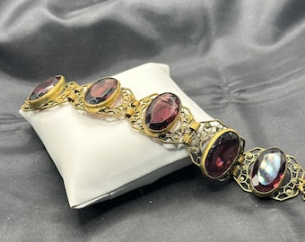 Art Deco, Edwardian Czechoslovakian Filigree Bracelet, Large Purple Glass Faceted Stones, Early Spring Ring Clasp, 7” Long, 1” Wide