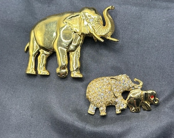 Set of 2 Elephant Pins, Large Gold Tone Parklane Elephant, 2 1/8” x 1 1/8, 2 Elephants, Mother and Baby, 1.5” .75”