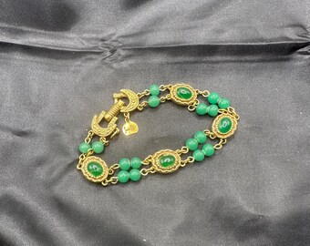 Judy Lee Gold Tone Bracelet with Green Glass Cabochons and Beads, Fold Over Clasp and Victorian Revival Style, 7.5” x  3/8” Wide
