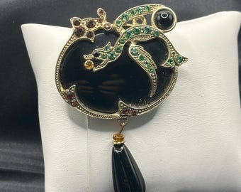 Sweet Romance Oval Brooch with Teardrop Dangle, Dragon Theme, Orange and Green Rhinestones, Brass Colored Metal, Can Be Worn as a Pendant