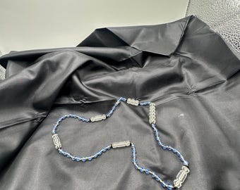 Antique Beaded Necklace, Round Sapphire Blue Beads, Crystal Cut Barrel Beads and Black Spacer Beads, No Clasp, 22” Long