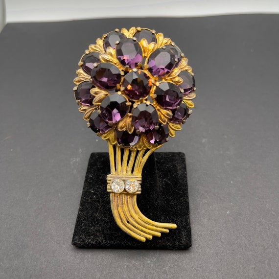 Large Gold Tone Brooch with Large Purple Rhinesto… - image 2