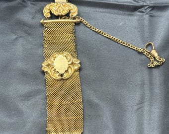 Antique Gold Filled Watch Fob, Mesh Ribbon, Marked F & C, Ornate Details, 5” Long, 1.25” Wide, Watch Chain 5” Long