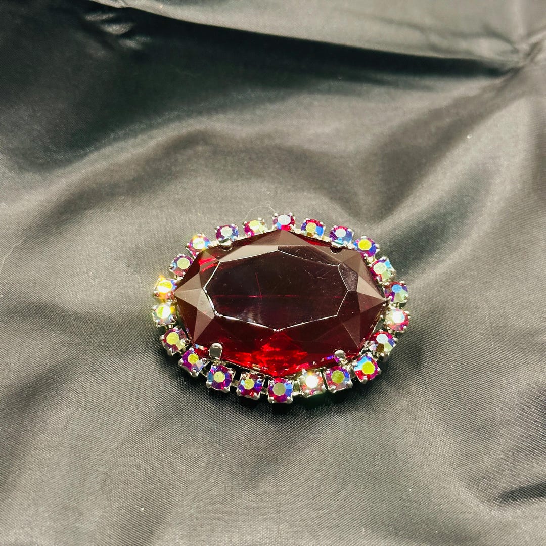 Ruby Stone Brooch Large Ruby Red Glass Stone Brooch, Surrounded by Red AB Finish ...