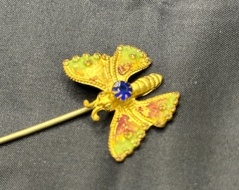 Antique Hat Pin, Butterfly with Dark Blue Glass Cabochon, Pressed Metal, Gold Tone, 6.5” Long, 1” Square Topper