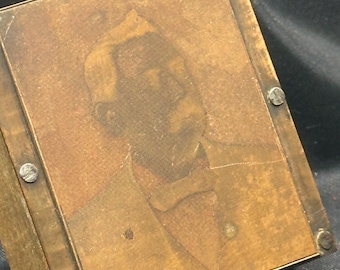 Antique Copper Photo Plate of a Civil War Captain, Hard to Make Out Name, Wood Block is 2.25” x 1.75” x 1”