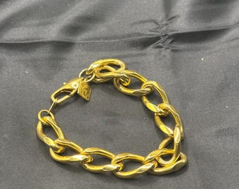 Anne Klein Shiny Gold Tone Chain Bracelet, Large Links, Lion Tag, 7.5” Long,  .5” Wide