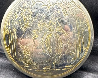 Palmer Gardenglo Compact, Silver Tone with Etched Victorian Couple on Front and Floral Theme on Back, Mirror, Folded 2” Diameter