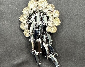 Vintage Rhinestone Brooch, Round Clear Rhinestones with Black Navette Stones, Prong Set, Silver Tone Metal, 2.5” x 1 3/8”