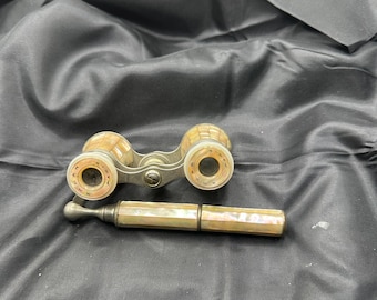 Antique Luxury Opera Glasses, Binoculars, Mother of Pearl, Solar, Paris, with Fold Over Handle, 3.75” Wide Large Lenses, 1.75” Closed