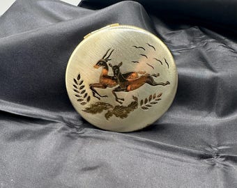 Vintage Powder Compact Featuring 2 Antelopes on the Lid, Art Deco Style, Mirror in Rough Shape, Dorset Powder Puff, 3 1/8” Diameter