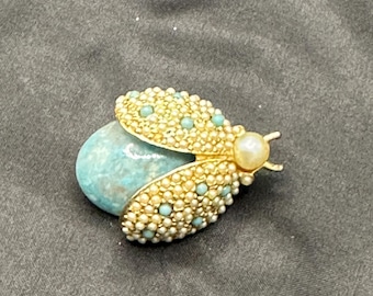 Hattie Carnegie Lucky Lady Bug Brooch, With Seed Pearls and Faux Turquoise, Prized Designer Jewelry, 1 3/8” x 1”