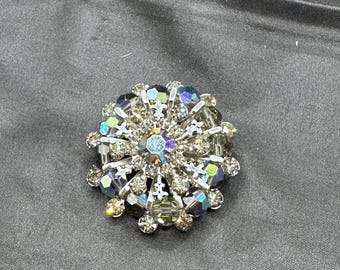 Vintage Silver Tone Brooch, Circular, Layered with AB Finish Rhinestones and Beads, Loads of Sparkle, 1.5” in Diameter