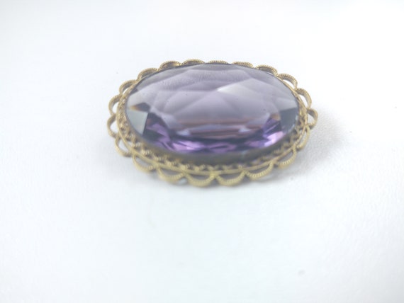 Victorian Brooch with Large Glass Faceted Cabocho… - image 3