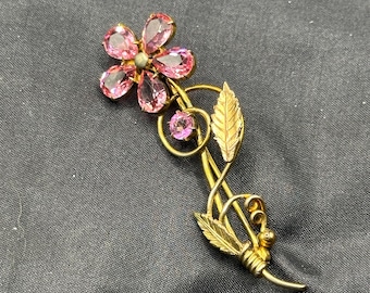 Pink Rhinestone Flower Brooch on 12K Gold Filled Metal, by JJ White Manufacturing, Excellent Condition, 2.25” Long, .75” Wide