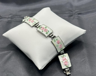 Vintage Guilloche Enamel Bracelet, Painted Roses on a White Background, Fold Over Clasp, Marked Sterling, 6.5” Long, .5” Wide