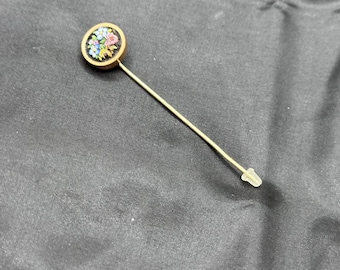 Italian Micro Mosaic Stick Pin, Brass Colored Metal, Floral Theme, Circle Design, 3” Long, .5” in Diameter,
