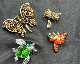 Set of 4 Small Scatter Pins, 2 Rhinestone Bees, One with Spring Wings, A Butterfly, and an Owl, All Unsigned