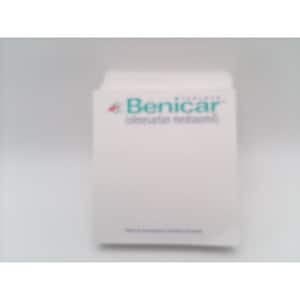 May include: A white rectangular medication box with the text Benicar (olmesartan medoxomil) printed in teal and black on the front. The packaging features a small red and blue logo to the left of the brand name and additional text at the bottom.