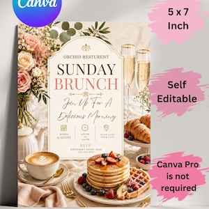 Puede incluir: Una plantilla de invitación para un brunch dominical de 5 x 7 pulgadas con el texto Orchid Resturent Sunday Brunch Join Us For A Delicious Morning. El diseño incluye imágenes de una pila de panqueques con bayas, una taza de café, copas de champán y un arreglo floral.