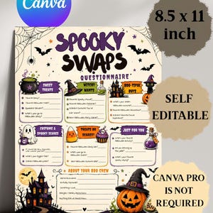 May include: An 8.5 x 11 inch Spooky Swaps questionnaire printed on paper. The design features Halloween graphics including a cauldron, witch hat, haunted house, ghost, candy corn, and jack-o'-lantern. It includes sections for party details.