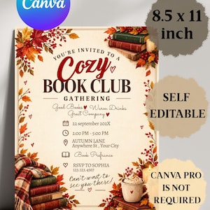 May include: An 8.5 x 11 inch invitation for a Cozy Book Club gathering. The design features autumn leaves, stacks of books, a plaid blanket, and a mug of hot cocoa. Text includes event details, date, time, location, and RSVP information.
