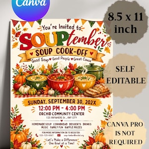 Peut inclure: Un dépliant pour un événement SOUPtember Soup Cook-Off mesurant 21,59 x 27,94 cm. Le design présente des feuilles d'automne colorées, des citrouilles et trois bols de soupe. Le texte inclut les détails, la date, l'heure et le lieu.