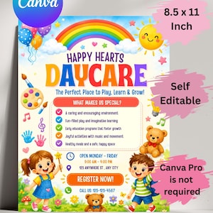 Op de afbeelding: Een kleurrijke 21,59 x 27,94 cm flyer-sjabloon voor een kinderdagverblijf met een regenboog, zon en twee kinderen. Tekst bevat HAPPY HEARTS DAYCARE, WHAT MAKES US SPECIAL en contactgegevens. Afbeeldingen tonen ballonnen, een palet en teddyberen.