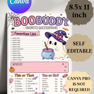 May include: An 8.5x11 inch printable questionnaire titled BOOBUDDY FAVORITES QUESTIONNAIRE. The sheet features a cartoon ghost wearing a witch hat, a cauldron, spiderwebs, and pumpkins. It includes sections for a favorites list, wishlist, and games.