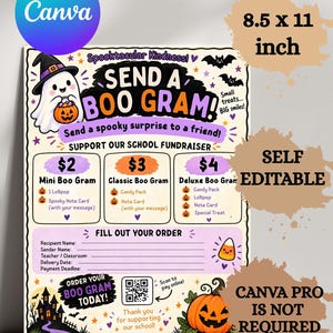 Puede incluir: Un folleto de recaudación de fondos escolar de 21,59 x 27,94 cm titulado Send a Boo Gram. El diseño presenta un fantasma con sombrero de bruja, una calabaza, murciélagos y maíz dulce. Incluye precios para tres niveles de paquetes y un formulario.